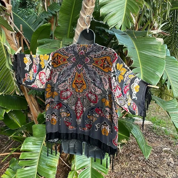 Burnout velvet jacket or duster with beaded tassel fringe - Picture 3 of 8